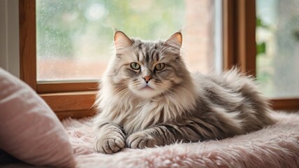 a fluffy cat lounging by the window