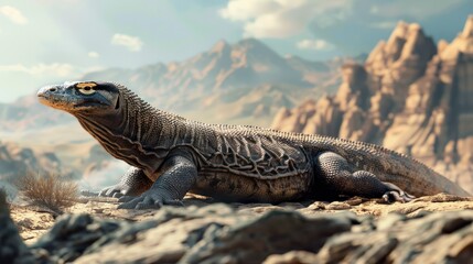 Obraz premium A Komodo Dragon Resting on Rocks in a Mountainous Landscape