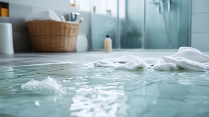 Flooded tile floor in a contemporary bathroom, water leaking from a broken sink faucet, scattering towels and toiletries across the room