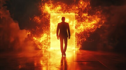 Obraz premium A silhouetted figure walks through a fiery portal, evoking themes of transformation and mystery.