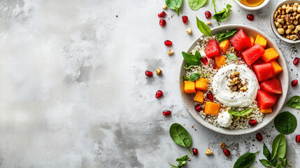 Obraz premium Modern Stylish Professional Food Photograph of Bulgur with Shepherd's Cheese, Watermelon, Spinach Leaves, Nut Crunch, Sweet Potato Cubes, Honey Yogurt Dip, and Pomegranate Reduction on a White Plate