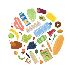 Groceries in a Circle. Round Frame of Products. Bread Sausage Eggs Milk Water Cheese Vegetables Fruit Juice Grapes Chicken and Other. Set. Food Vector Illustration on White Background