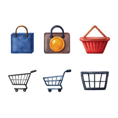 Collection of Shopping Elements Featuring Handbags, Baskets, and Carts in Watercolor