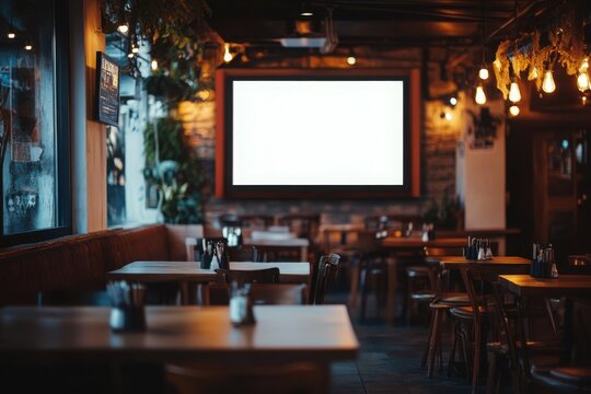 Blank digital menu board in modern restaurant, with copy space