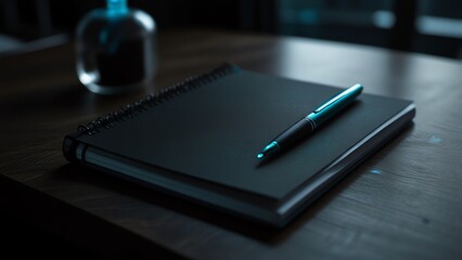 a blue pen is on a notebook with a blue pen on it.