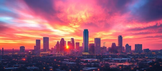 Fototapeta premium A vibrant sunrise over a modern city skyline with tall buildings and skyscrapers.