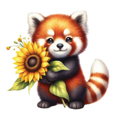 Obraz premium Red panda holding a sunflower clipart watercolor