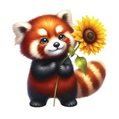 Obraz premium Red panda holding a sunflower clipart watercolor