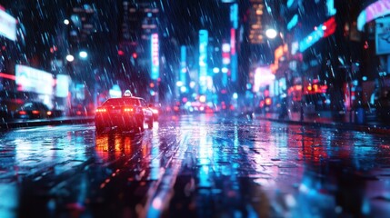 Obraz premium Raindrops on a city street at night, illuminated by the glow of streetlights and the wet pavement reflecting the city quiet energy.