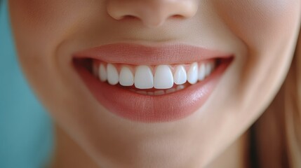 Fototapeta premium Bright Smiling Woman with Perfect White Teeth Showcasing Dental Health and Beauty in a Close-Up Portrait