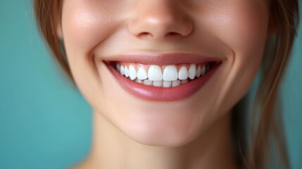 Obraz premium Bright Smiling Woman with Perfect White Teeth Against a Soft Turquoise Background, Close-Up of a Happy Expression