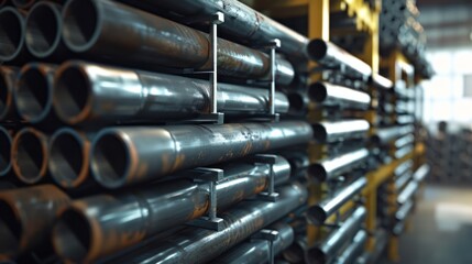 Stack of Metal Pipes in a Warehouse