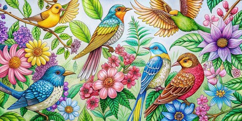 Obraz premium Intricate Birds and Flowers Coloring Pages for Relaxation and Creativity in Art Therapy Activities