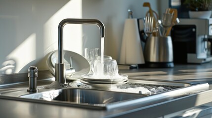 Water Pouring From a Faucet into a Glass in a Kitchen Sink
