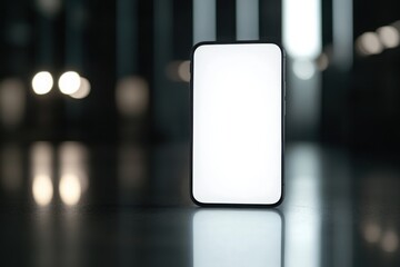 Blank smartphone screen reflecting surroundings light, with copy space