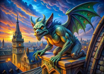 Intricate Gargoyle Illustration Showcasing Gothic Architecture and Mythical Creatures for Art and Design Projects