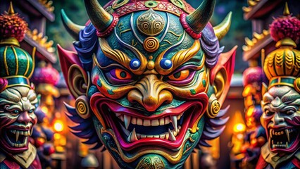 Obraz premium Intricate Hannya Mask Artwork Symbolizing Emotion and Transformation in Japanese Culture with Rich Colors and Unique