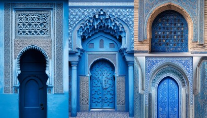Obraz premium A collage of ornate blue doors in a Moroccan architectural style.