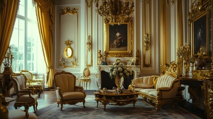 A luxurious scene with gold-trimmed furniture and décor in a grand palace room