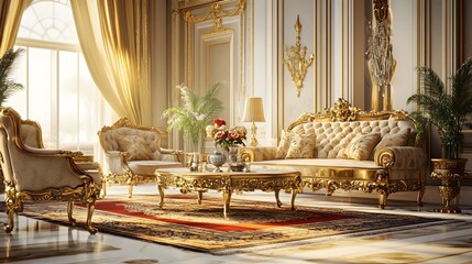 A luxurious scene with gold-trimmed furniture and décor in a grand palace room