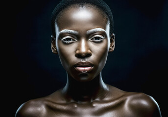 Striking portrait of a woman with artistic makeup and illuminating lighting technique