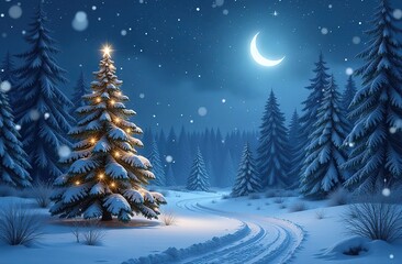 winter night forest. falling snow in the air. christmas theme. new year weather. background