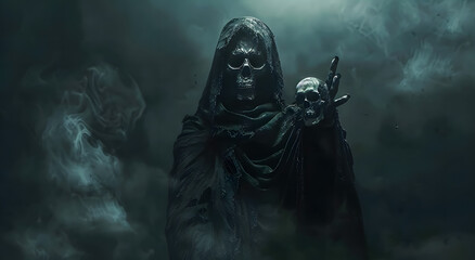 Spooky silhouette of a hooded reaper holding a skull in misty fog. Symbolizing death, darkness, and the afterlife. Haunting atmosphere, perfect for horror or Halloween themes