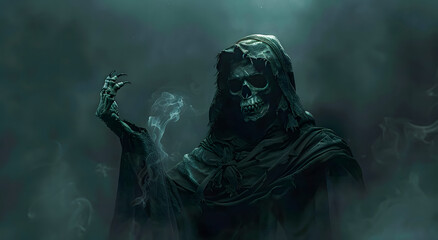 Obraz premium Spooky silhouette of a hooded reaper holding a skull in misty fog. Symbolizing death, darkness, and the afterlife. Haunting atmosphere, perfect for horror or Halloween themes