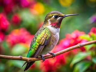 Fototapeta premium Juvenile Ruby-throated Hummingbird perched on a branch in vibrant natural garden setting