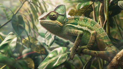 Fototapeta premium A Green Chameleon Perched on a Branch in Lush Foliage