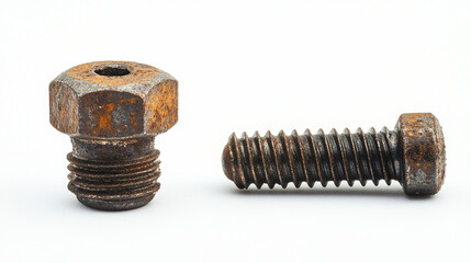 Damaged bolt and screw with visible rust on white background