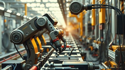 Fototapeta premium Automated Car Assembly Line: Robots in Action - High-Resolution Documentary Photography