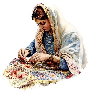 Woman in Traditional Indian Clothing Working on a Colorful Textile.