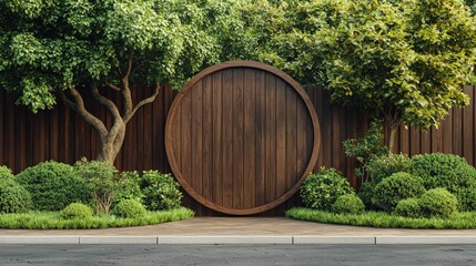 Naklejka premium Circular Wooden Signboard Mockup in Lush Garden Setting