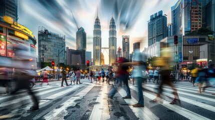 Obraz premium Blurred Pedestrians Crossing Street in Kuala Lumpur, Malaysia, with Petronas Towers in the Background