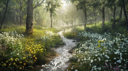 Obraz premium Tranquil Forest Stream with Wildflowers and Sunlight