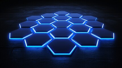 Naklejka premium Glowing Neon Blue Hexagonal Tech Design with Depth on Dark Surface in Minimalist Studio Setting