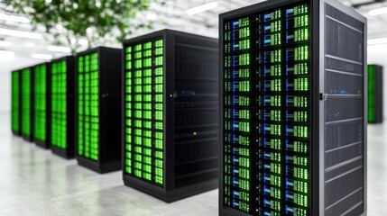 Obraz premium Modern Data Center Server Racks with Green Lights