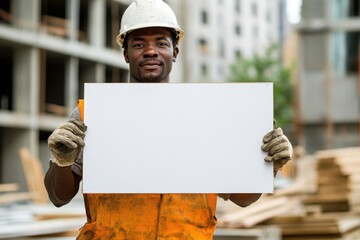 Construction worker holding blank safety sign, with copy space