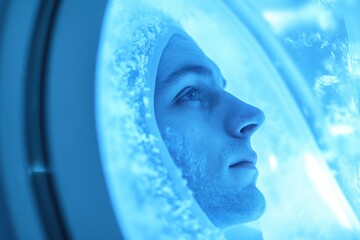 Cryogenic sleep chamber with frosted glass, with copy space