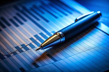 Low Light Photography of a Pen on Blue Paper with Numbers and Graphs for Financial Analysis and Business