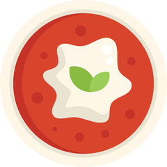 This vector illustration features a delicious bowl of tomato soup garnished with cream and basil, perfect for food blogs, menus, and more