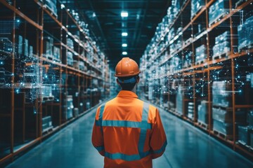 Warehouse worker analyzing digital inventory system