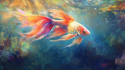 Naklejka premium A vibrant fish with long, flowing tail fins and radiant colors, gracefully moving through clear water, evoking a sense of serenity and magic
