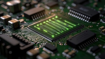 Obraz premium Digital Data Transfer Green Light Pulses on Circuit Board