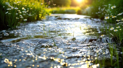 Fototapeta premium Serene Stream Flowing Through Vibrant Greenery