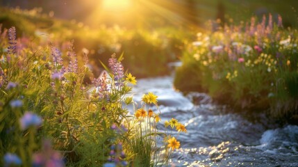 Obraz premium Serene River Flowing Through Colorful Wildflower Meadow
