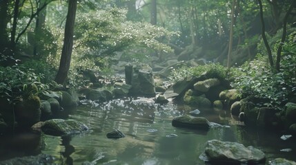 Serene Forest Stream with Lush Greenery and Rocks