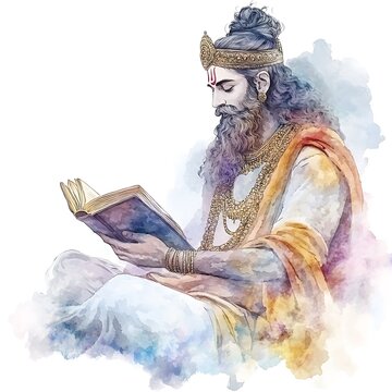 Watercolor Illustration of a Hindu Sage Reading a Book.