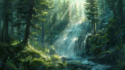Poster Monde féerique Serene Waterfall in Lush Green Forest Setting  © buraratn